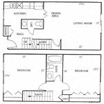 Floor plan for 2 beds, 1.5 baths, 932 sqft